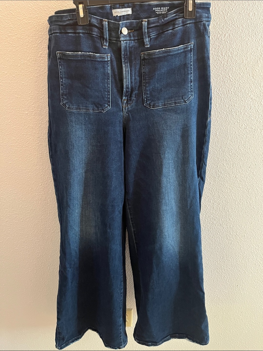 Good American Dark Blue Wide Leg Jeans with Front Patch Pockets